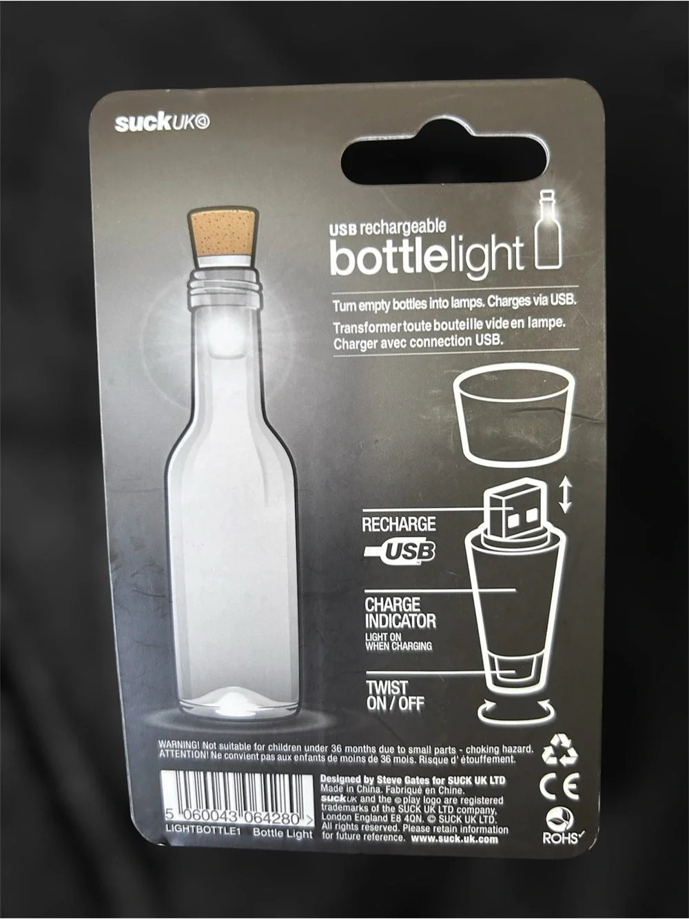 Suck UK USB Rechargeable Bottle Light Cork LED Lamp New In Package